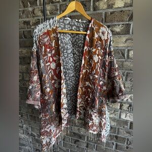 Soft Surroundings Pasha Pumpkin Leopard Print Fringe Cardigan Womens Sz S/M